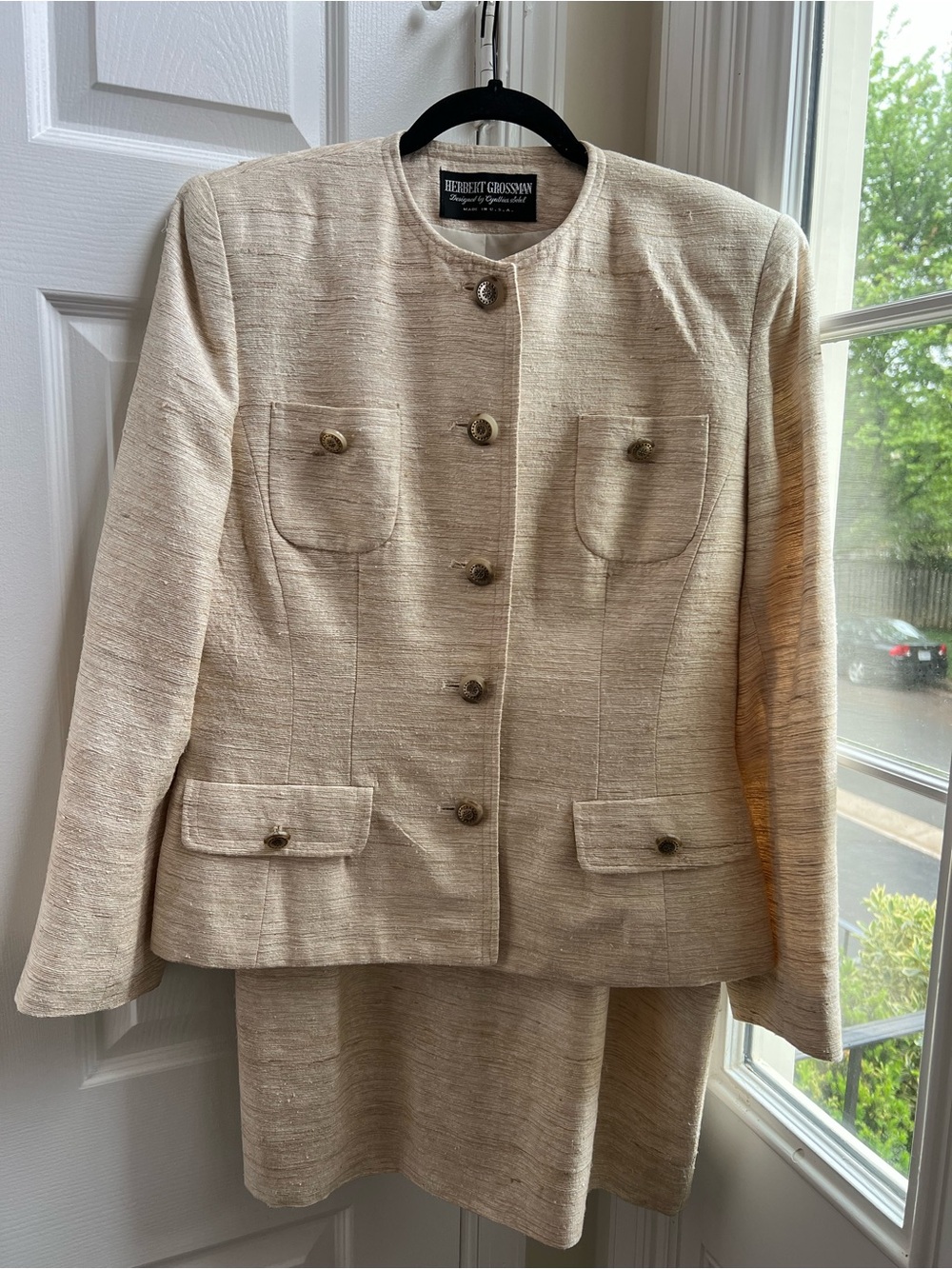 Vintage Herbert Grossman Women's Cream 100% Silk Bouclé Tweed Skirt Suit